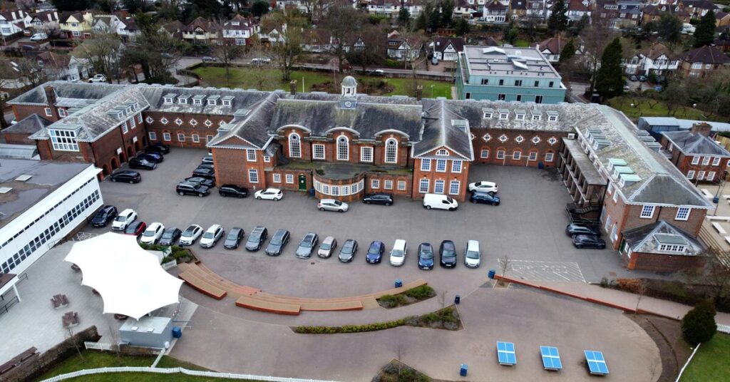 Aerial view of a school building in the UK